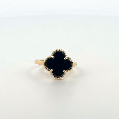 14K Yellow Gold Clover Black Ring Size 7.5