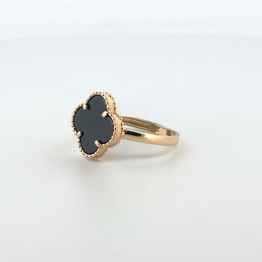 14K Yellow Gold Clover Black Ring Size 7.5