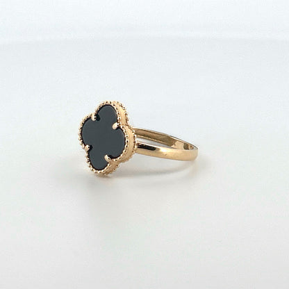 14K Yellow Gold Clover Black Ring Size 7.5