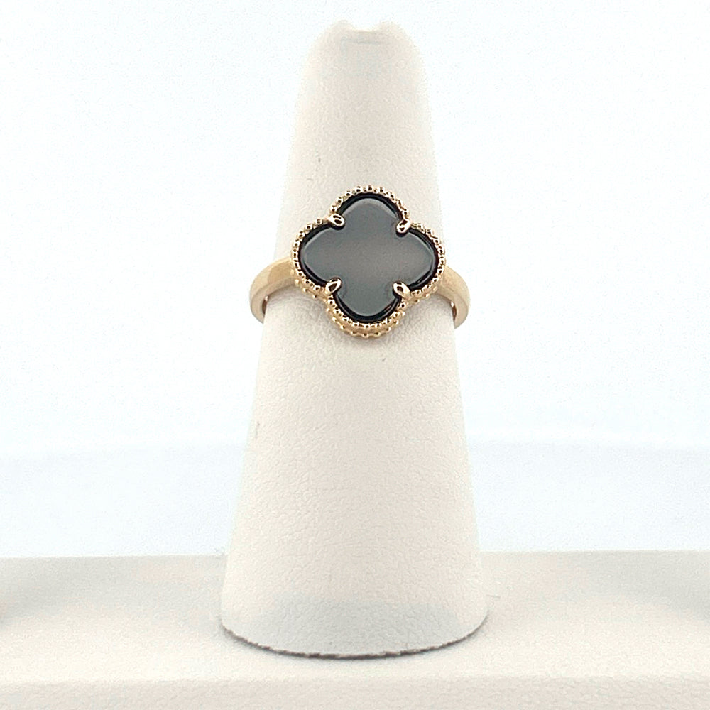 14K Yellow Gold Clover Black Ring Size 7.5