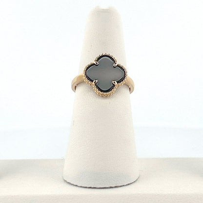 14K Yellow Gold Clover Black Ring Size 7.5