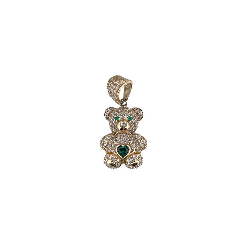 10K Yellow Gold Little Bear With Stone Green Heart Pendant Size 1