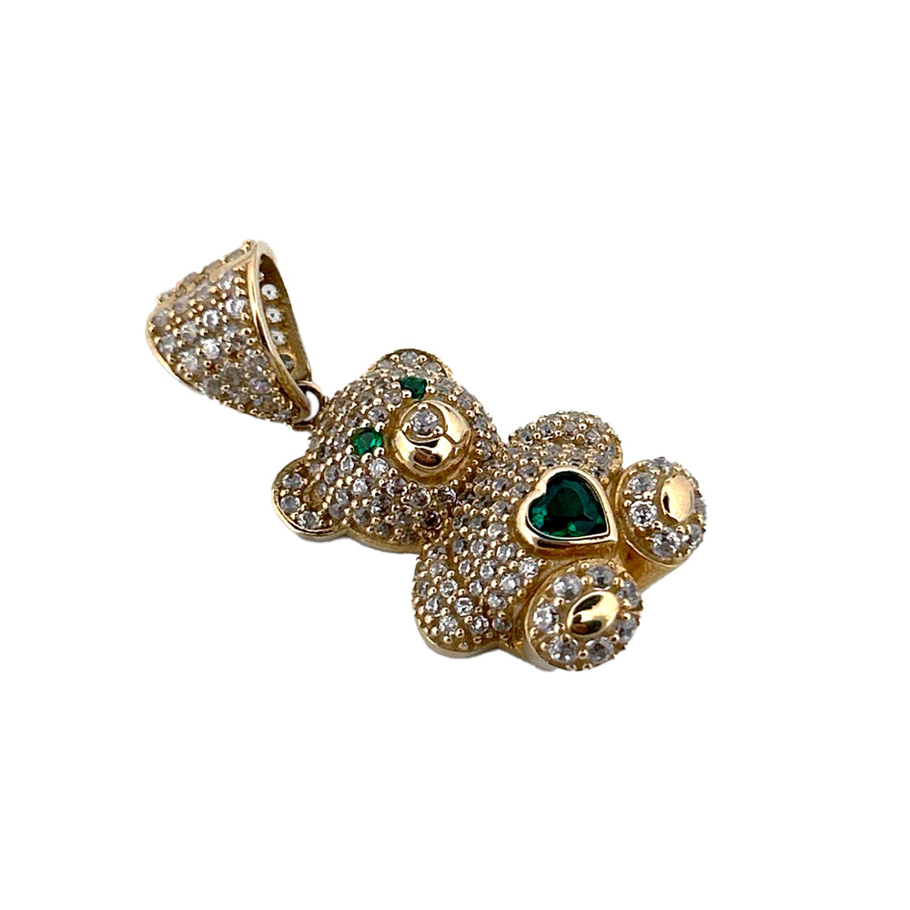 10K Yellow Gold Little Bear With Stone Green Heart Pendant Size 1
