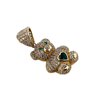 10K Yellow Gold Little Bear With Stone Green Heart Pendant Size 1