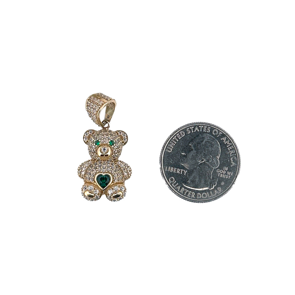 10K Yellow Gold Little Bear With Stone Green Heart Pendant Size 1