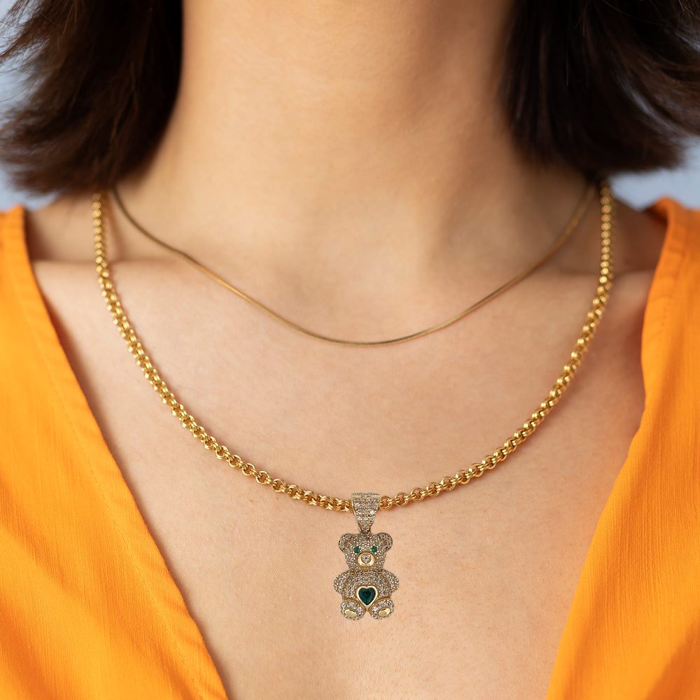 10K Yellow Gold Little Bear With Stone Green Heart Pendant Size 1