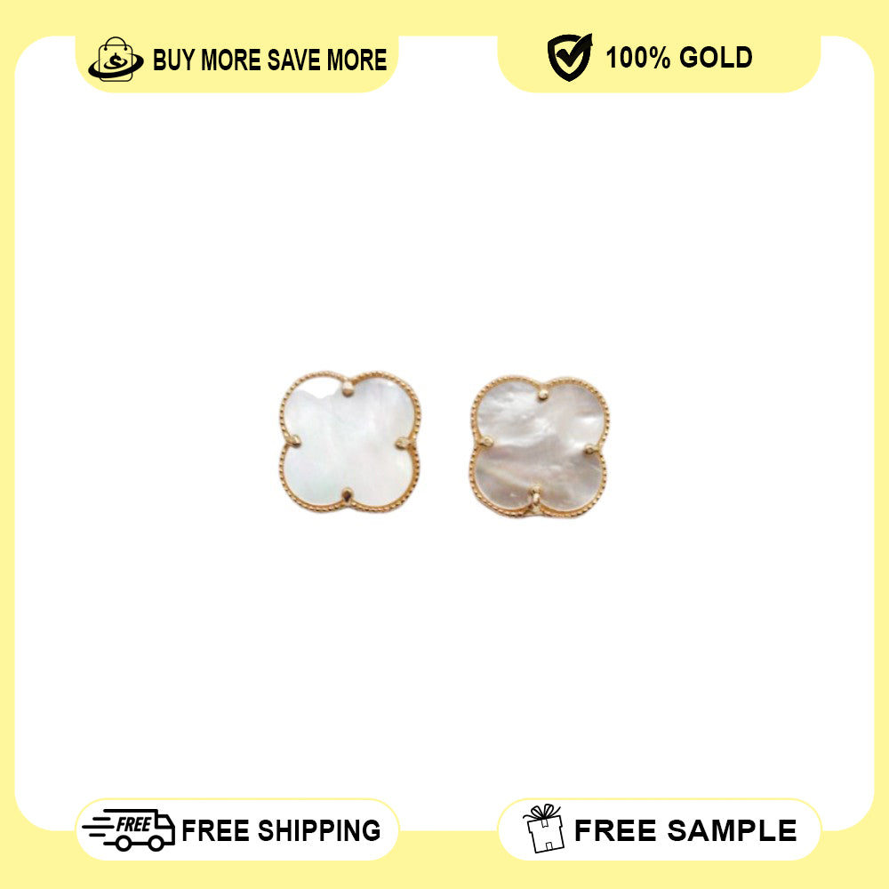 14K Yellow Gold Clover Stud White Earring