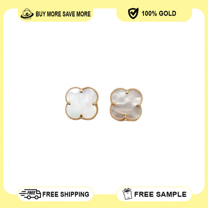 14K Yellow Gold Clover Stud White Earring