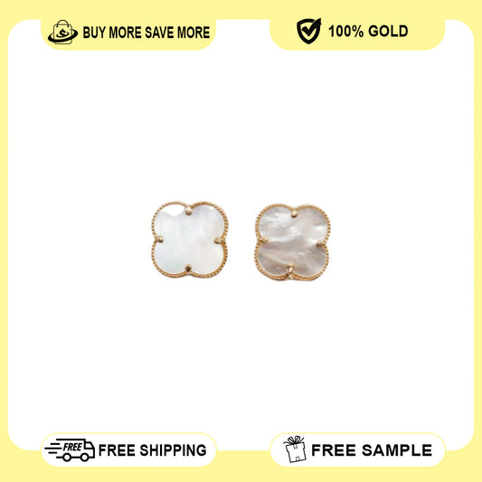 14K Yellow Gold Clover Stud White Earring