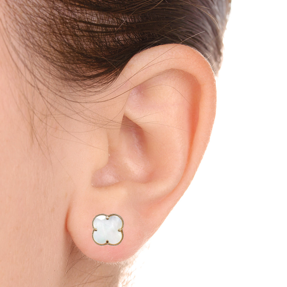 14K Yellow Gold Clover Stud White Earring
