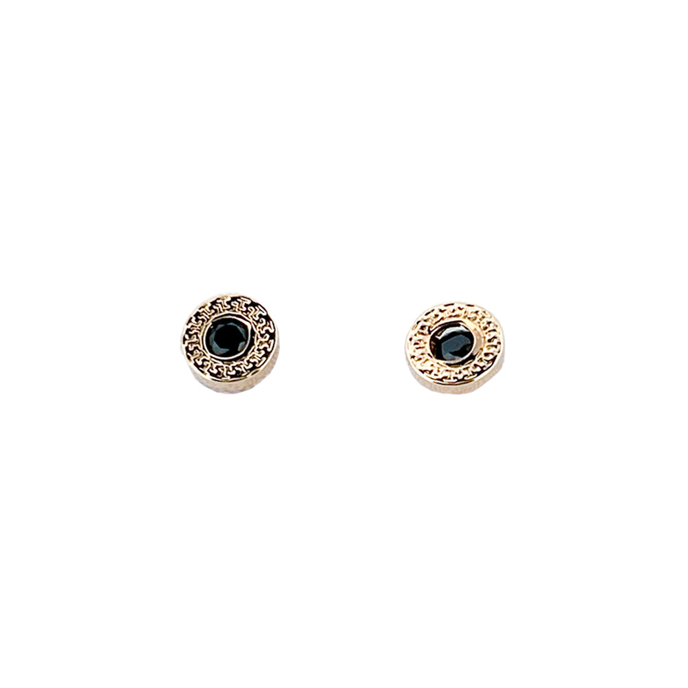 14K Yellow Earrings Round Greek Bezel Cz Center Screwback Small Black