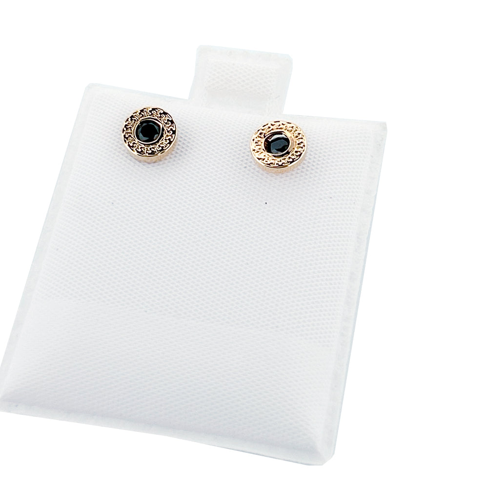 14K Yellow Earrings Round Greek Bezel Cz Center Screwback Small Black