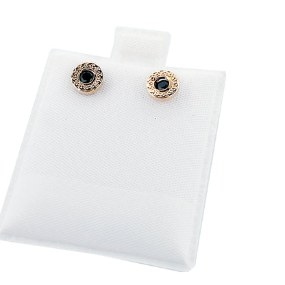 14K Yellow Earrings Round Greek Bezel Cz Center Screwback Small Black