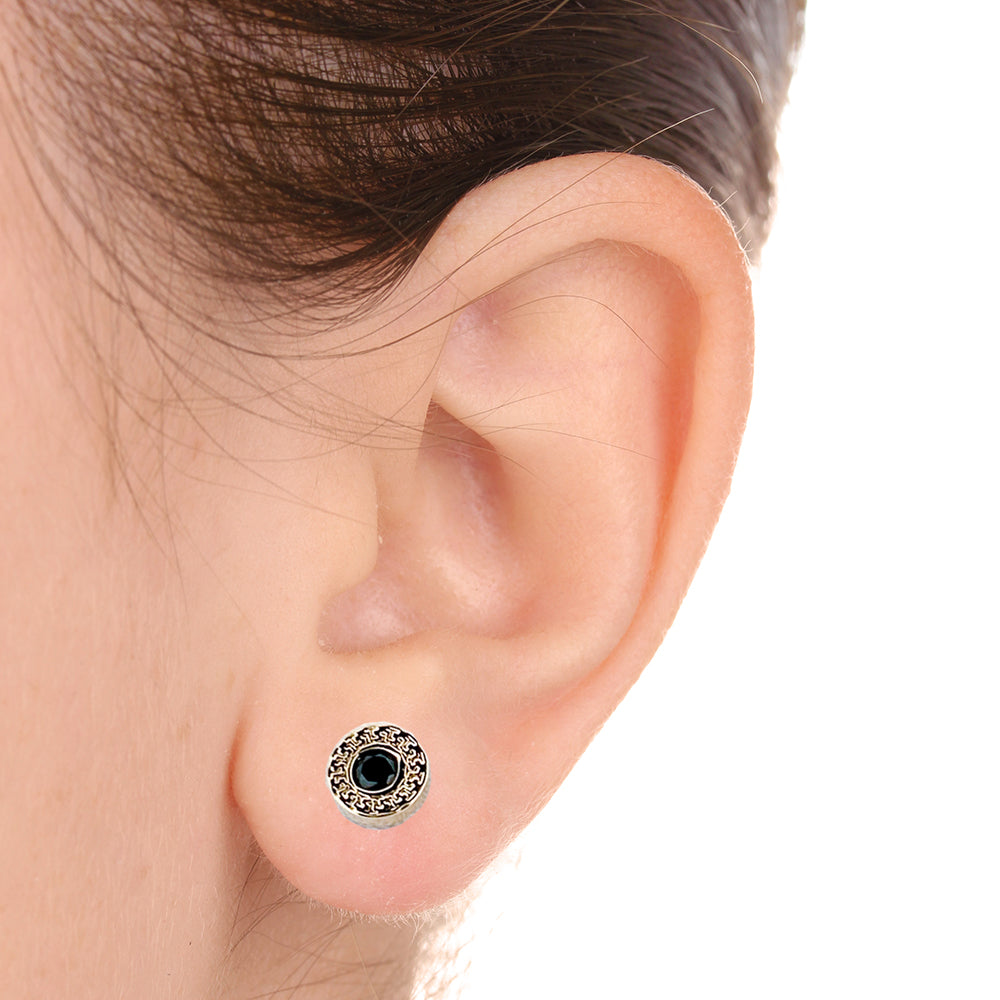 14K Yellow Earrings Round Greek Bezel Cz Center Screwback Small Black