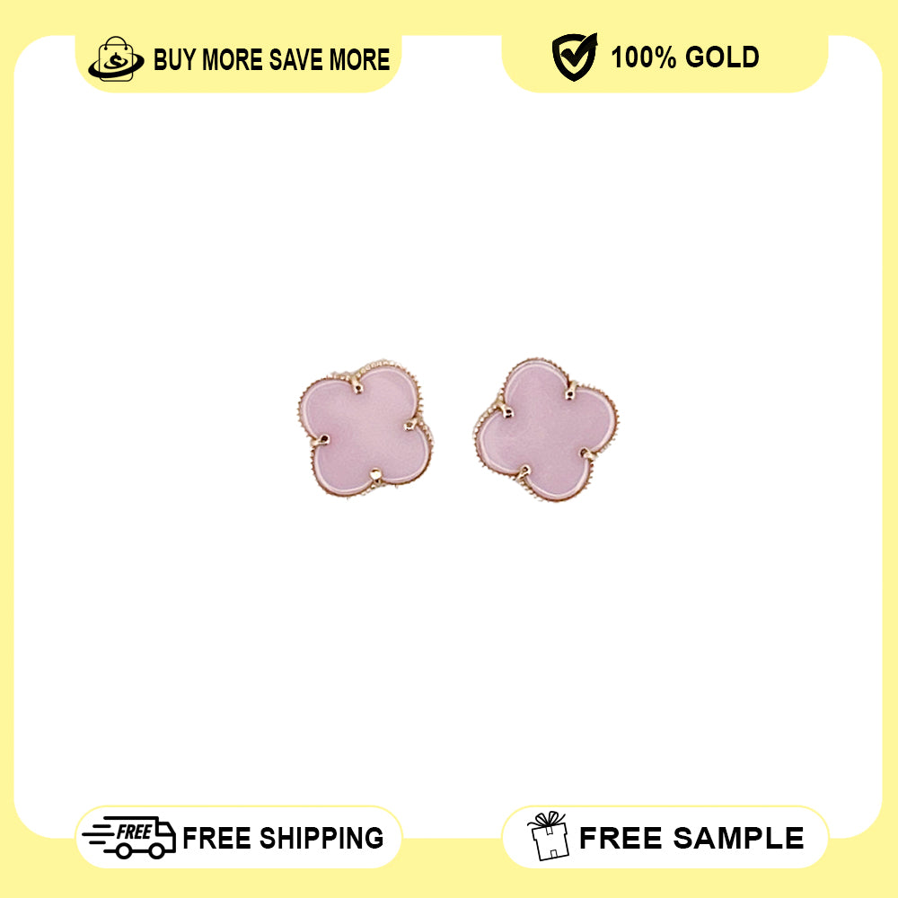 14K Yellow Gold Clover Stud Pink Earring