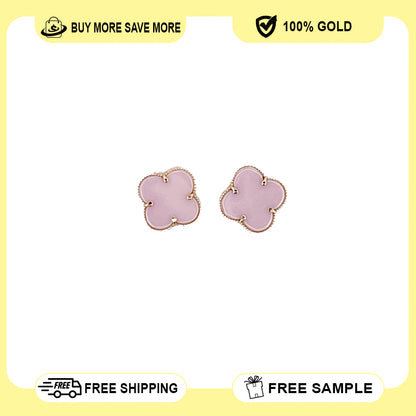 14K Yellow Gold Clover Stud Pink Earring