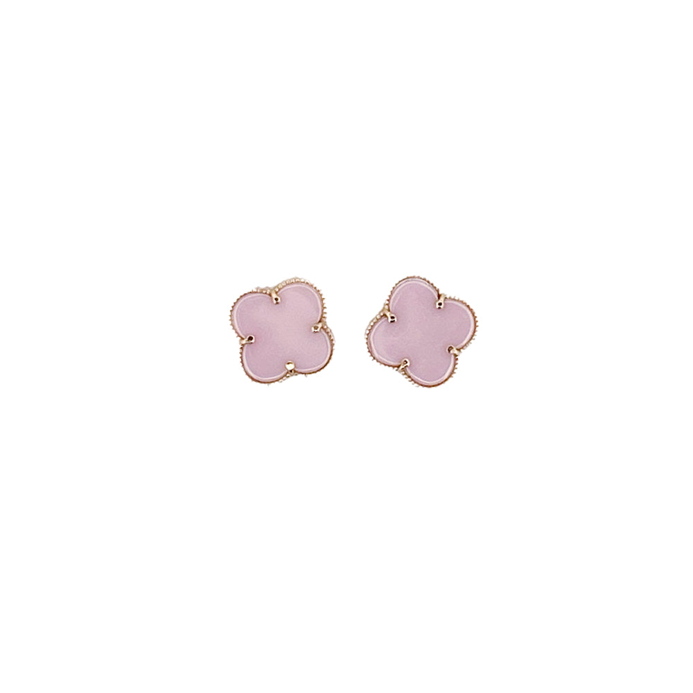 14K Yellow Gold Clover Stud Pink Earring