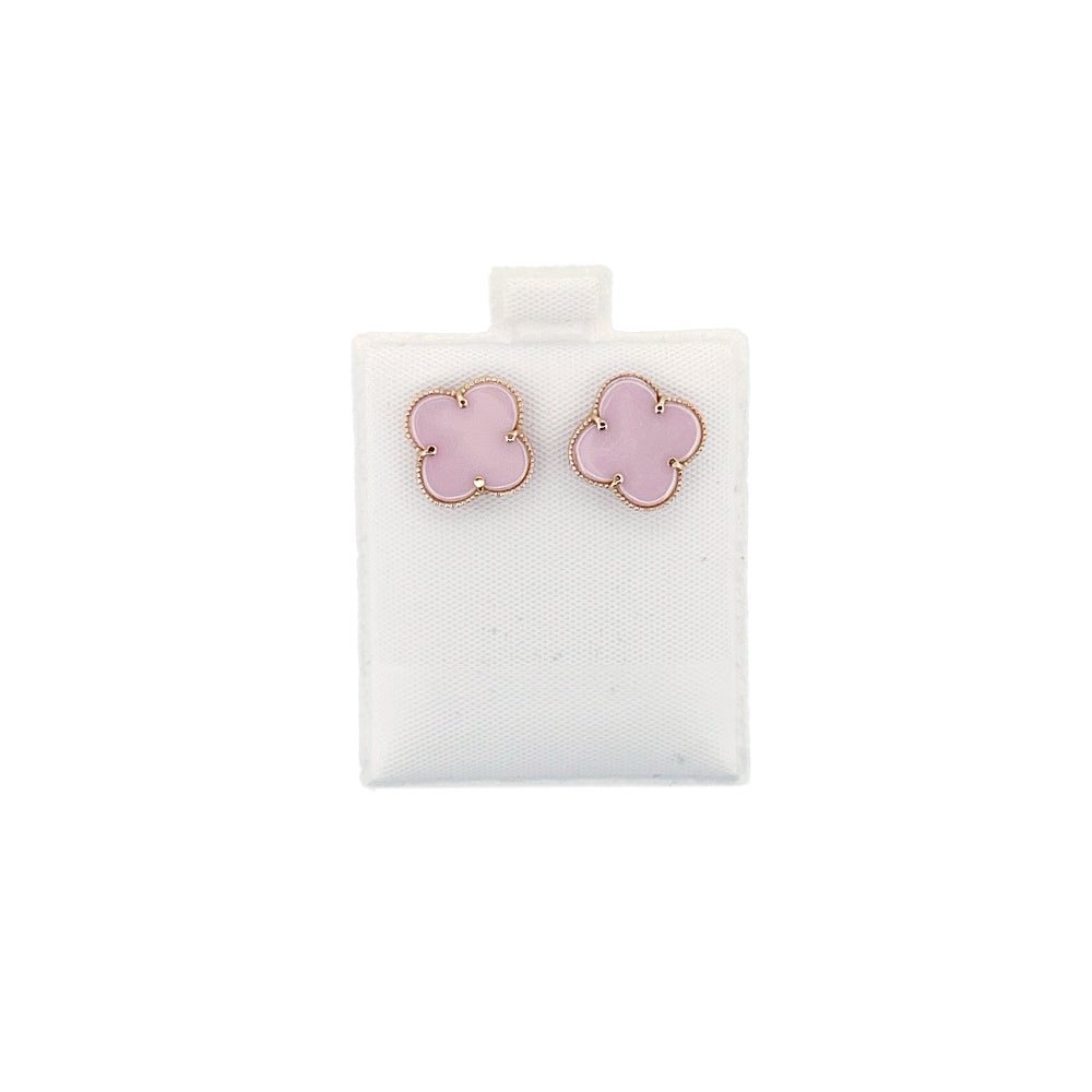 14K Yellow Gold Clover Stud Pink Earring