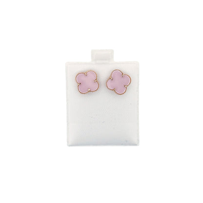 14K Yellow Gold Clover Stud Pink Earring