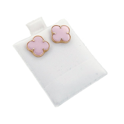 14K Yellow Gold Clover Stud Pink Earring
