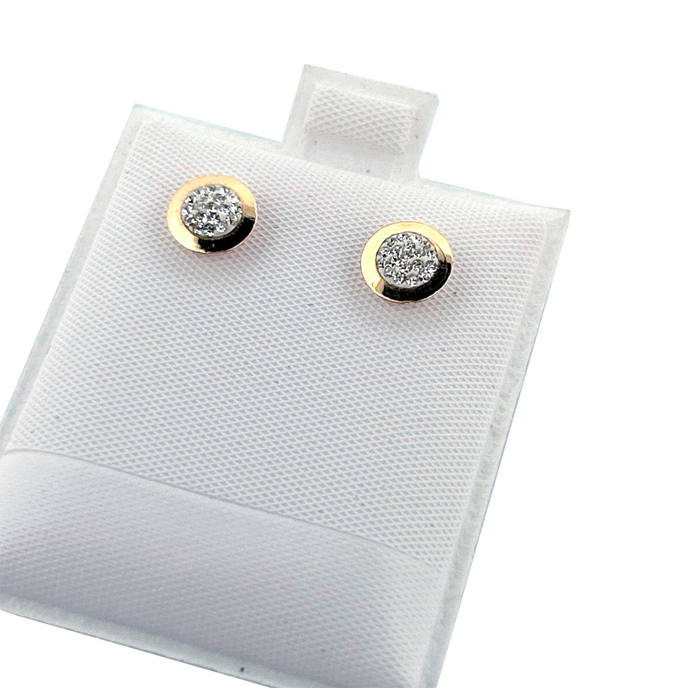14K Gold Earrings Crystal Round Thick Bezel Screwback Small