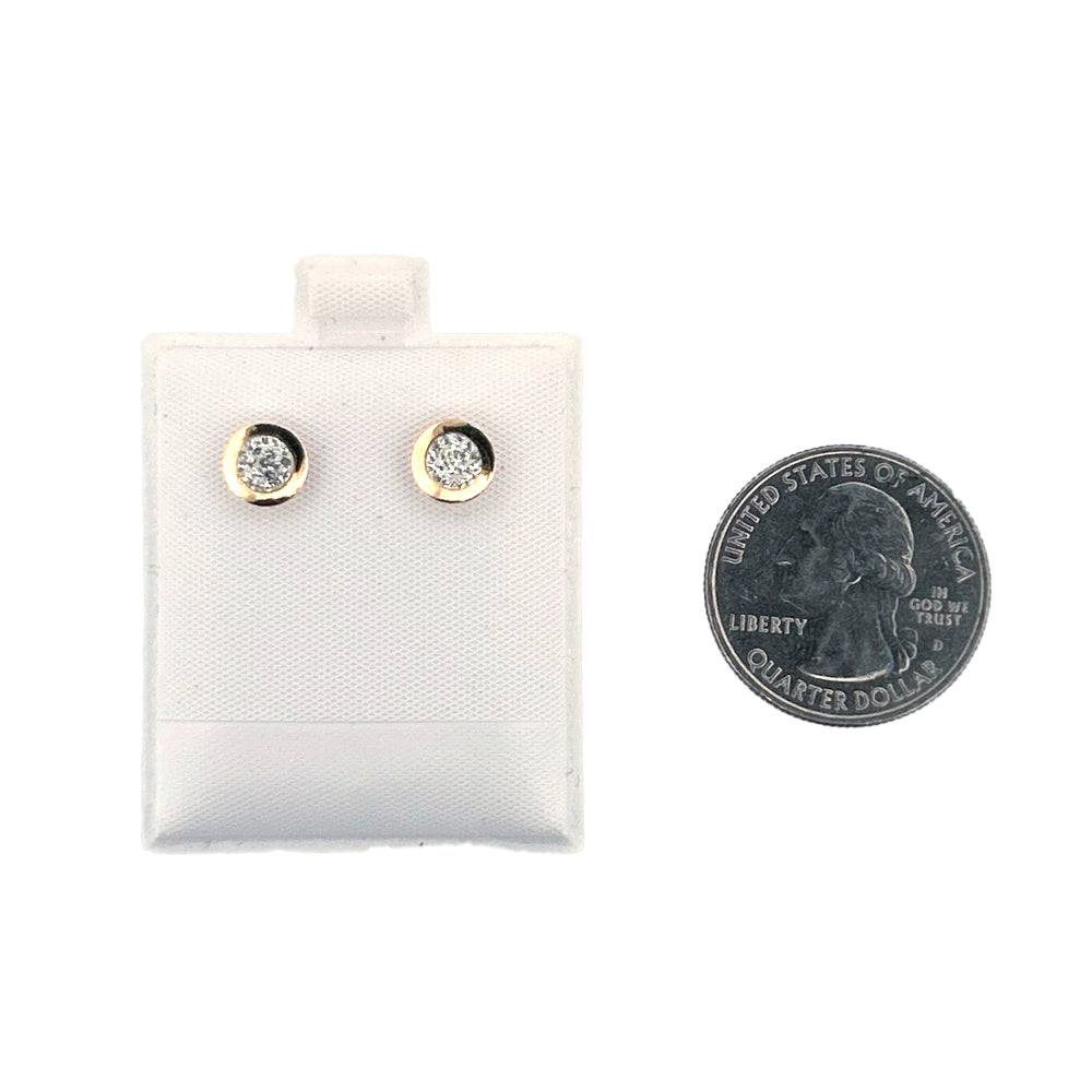 14K Gold Earrings Crystal Round Thick Bezel Screwback Small