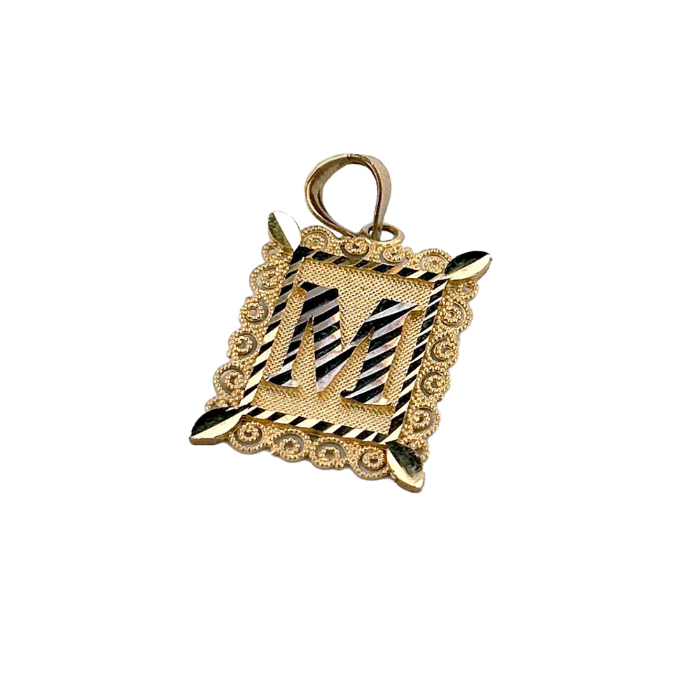 10K Yellow Gold Letter Two Tone M Frame Pendant Size 0.5