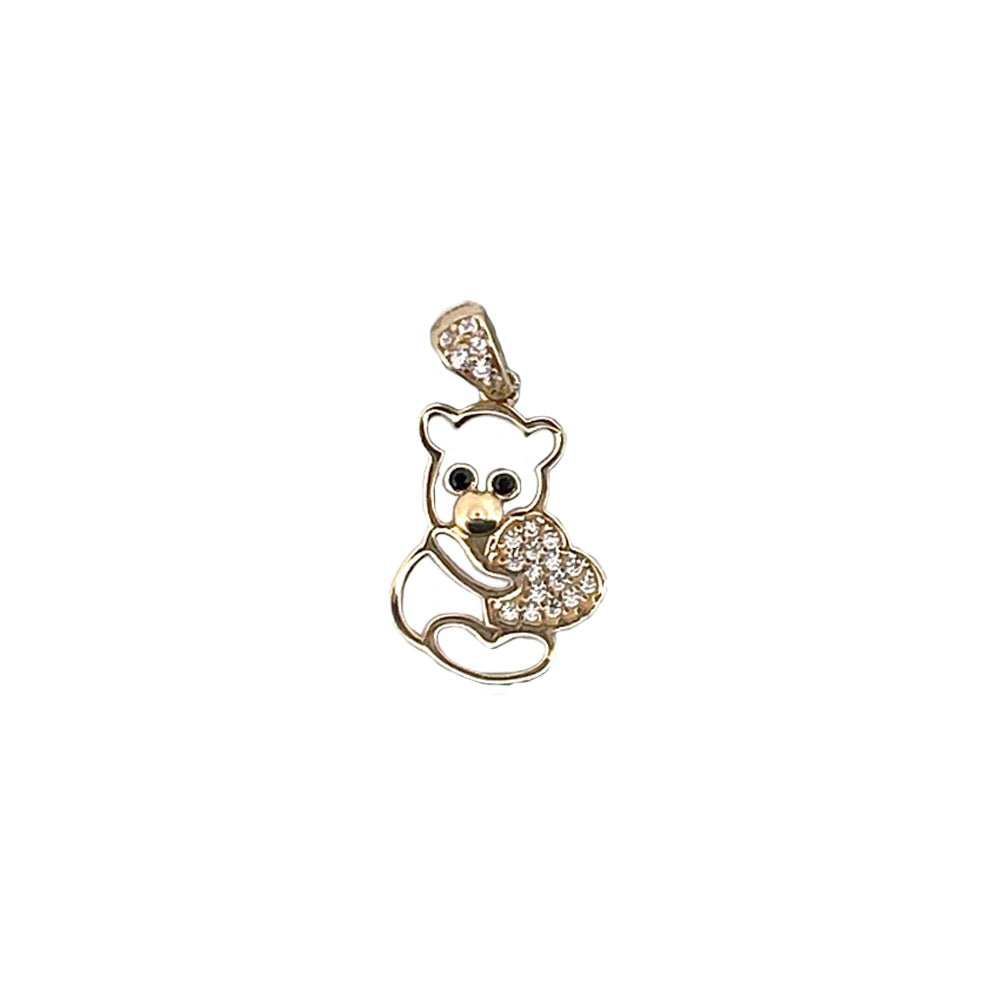 10K Yellow Gold Teddy Bear Shape With Stone Heart Pendant