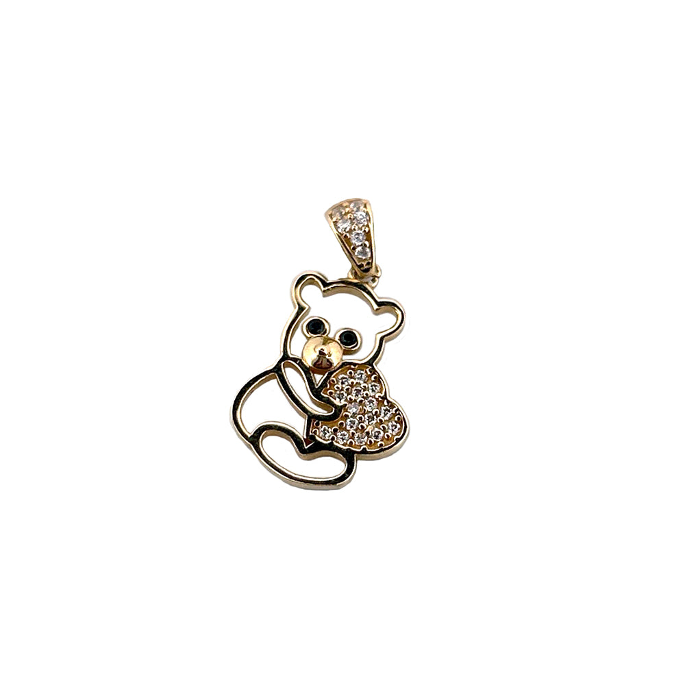 10K Yellow Gold Teddy Bear Shape With Stone Heart Pendant