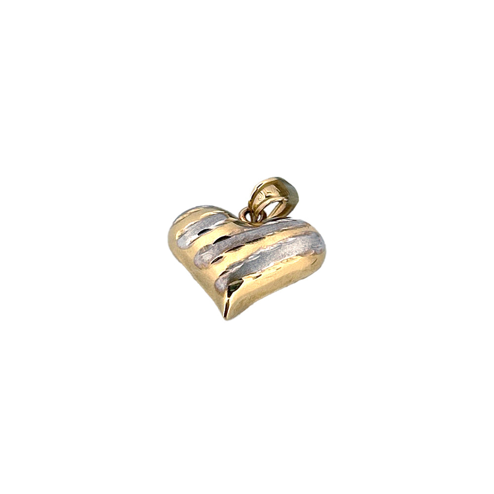 10K Yellow Gold Heart Stripes Two Colors White and Yellow Pendant