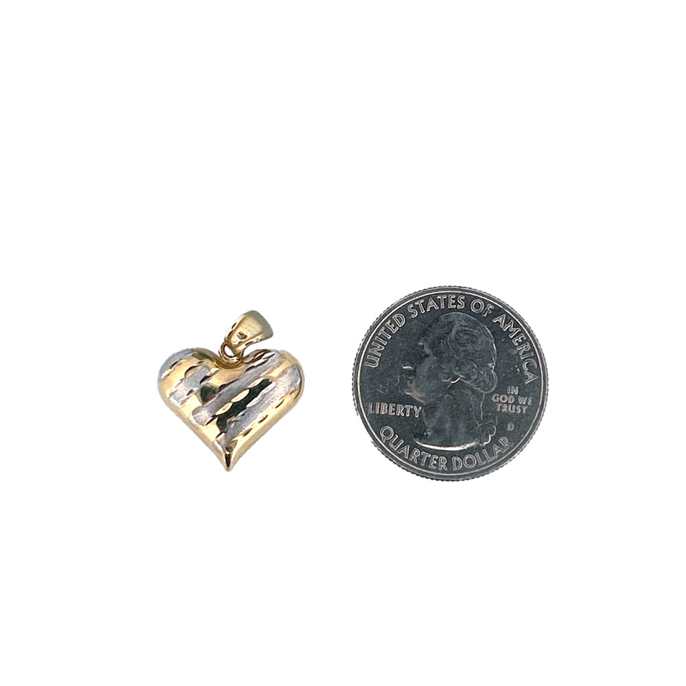 10K Yellow Gold Heart Stripes Two Colors White and Yellow Pendant