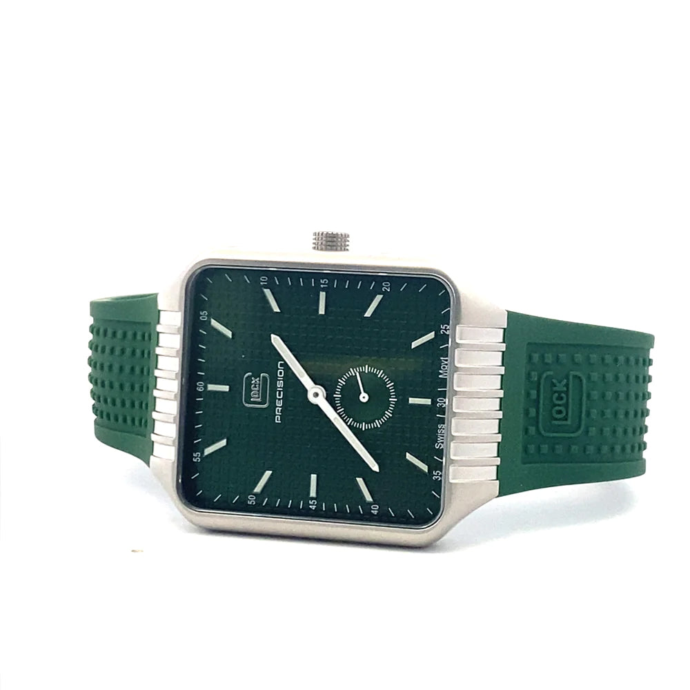 Glock Precision Men Watch. Silver Steel Case / Green Silicone Strap 5-1-24