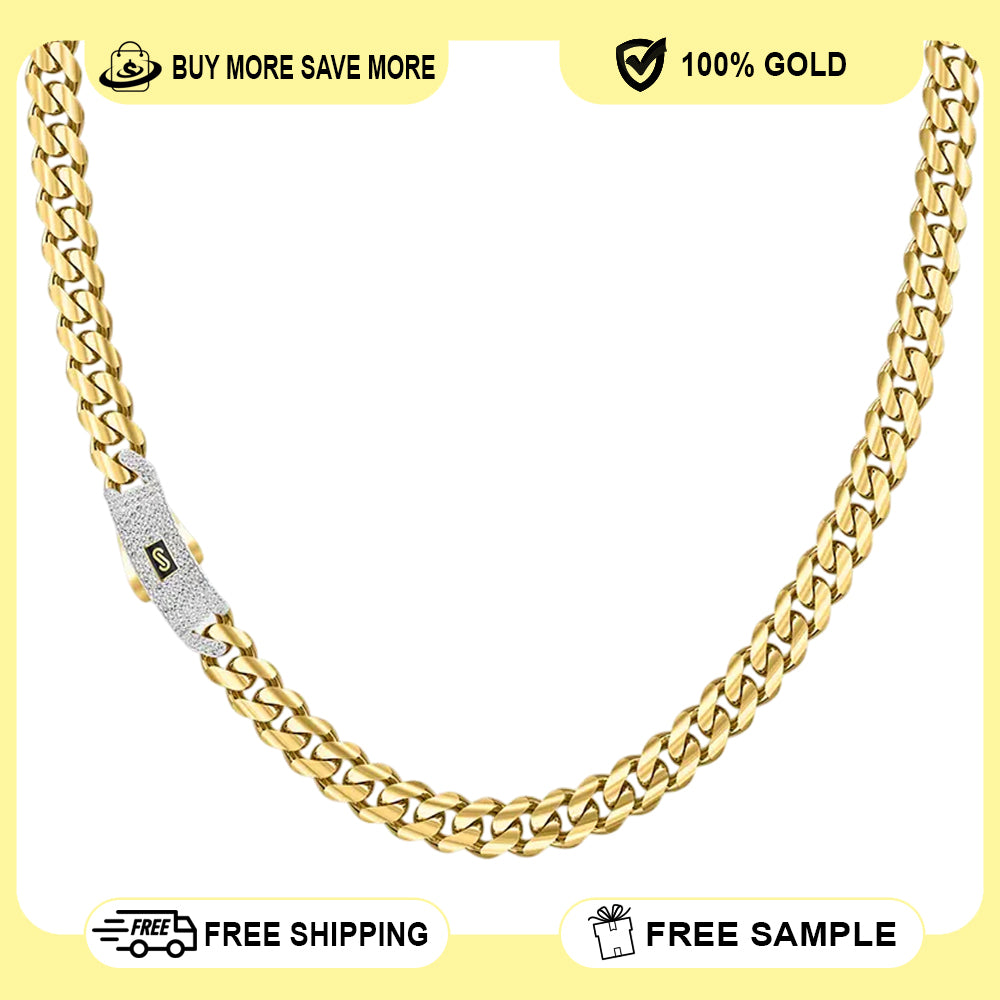 10K Yellow Gold Monaco Classic Link With Stone Lock Chain Necklace 16'' x 6.5mm