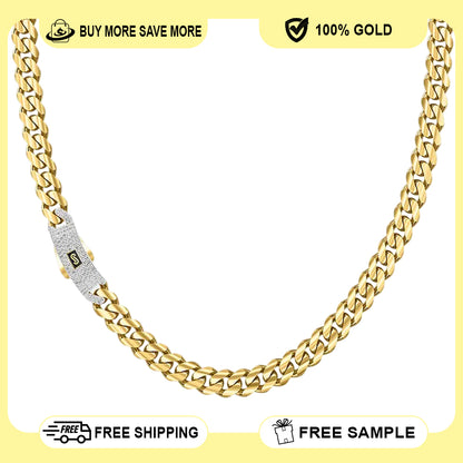 10K Yellow Gold Monaco Classic Link With Stone Lock Chain Necklace 16'' x 6.5mm