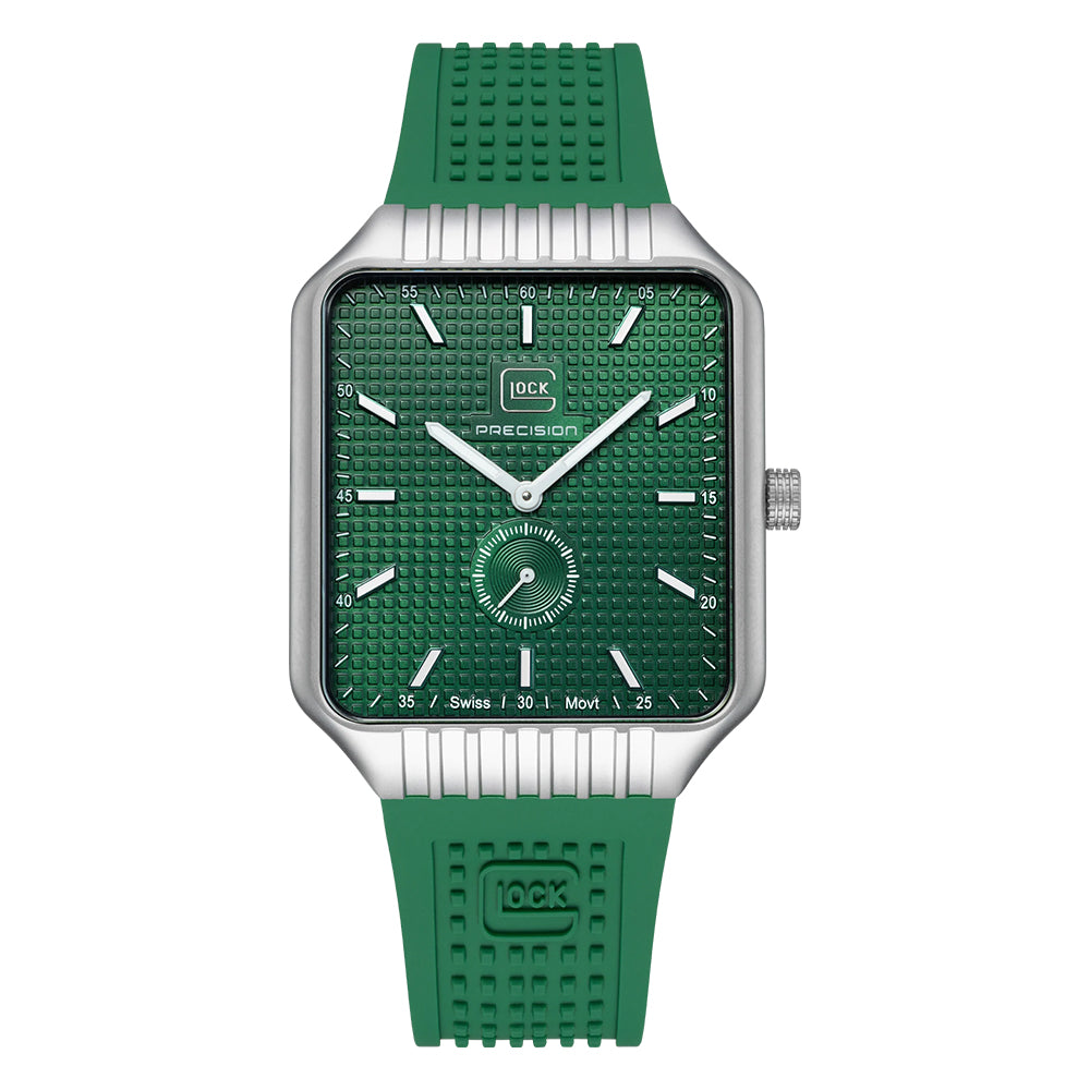 Glock Precision Men Watch. Silver Steel Case / Green Silicone Strap GW--5-1-24