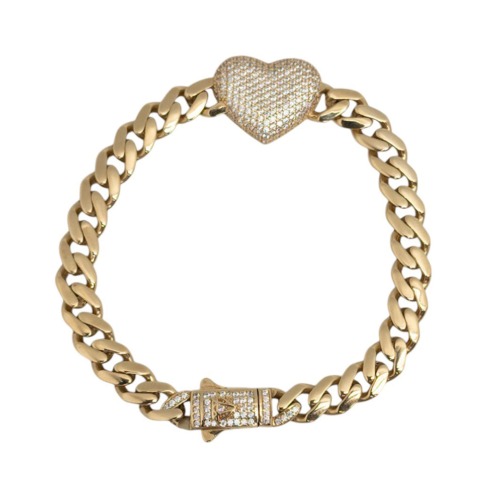 Monaco Generic Classic Link With Stone Lock and Heart Bracelet 14K 7.5x7.5