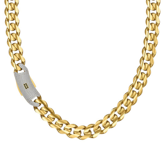 10K Yellow Gold Monaco Edge Link With Stone Lock Chain Necklace 20'' x 8.5mm