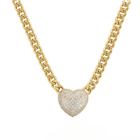 Generic Classic Link With Stone Lock and Heart Chain Real 14K Gold 7.5mm - 16''